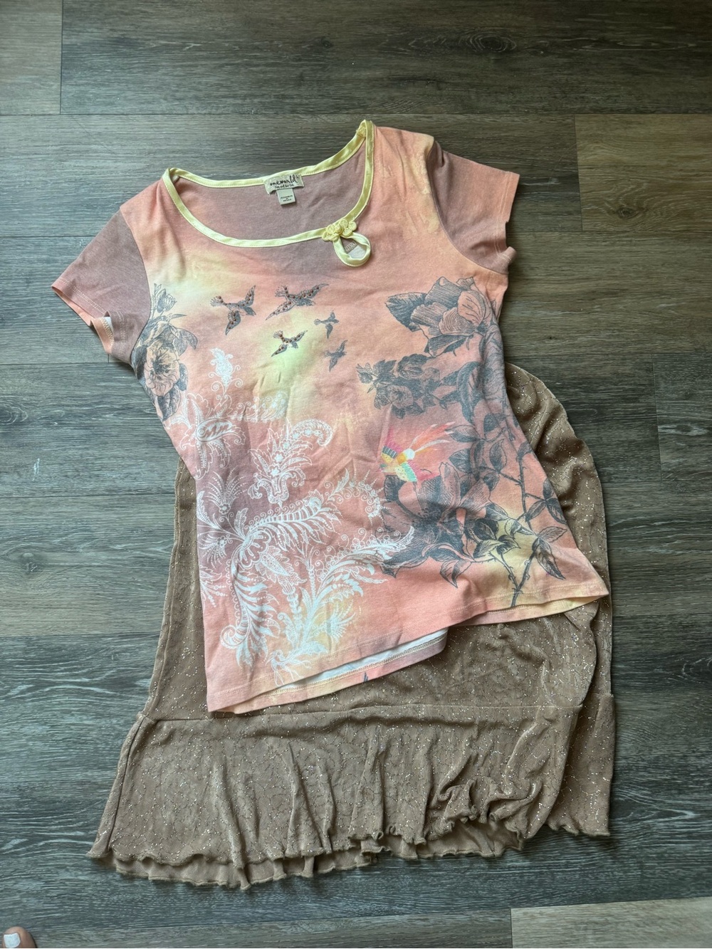 One World Y2K Floral Birds Short Sleeve Top sz L